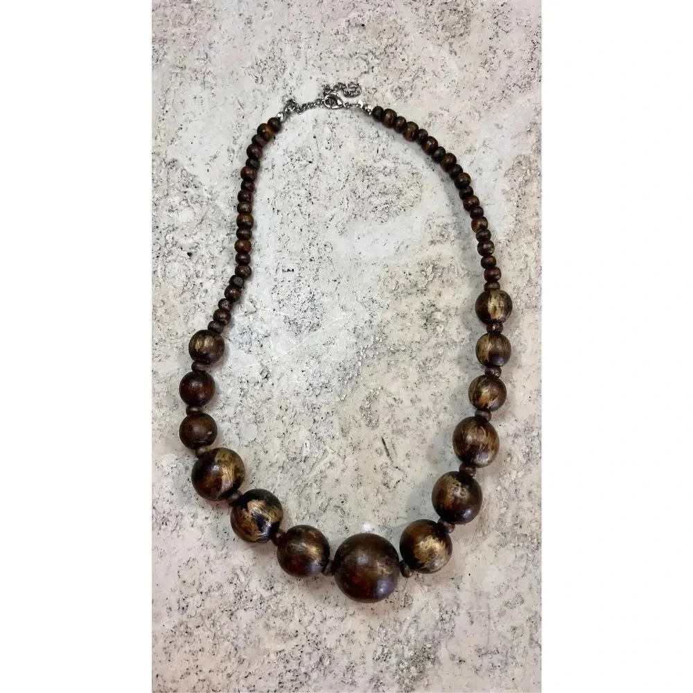 Wooden Brown with Gold Flakes Necklace‎ 18-inch